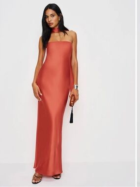 Reformation Red/Orange Satin Strapless Maxi Dress